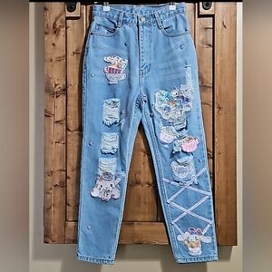 Look Trend Cartoon Patch Distressed Denim Jeans Size S